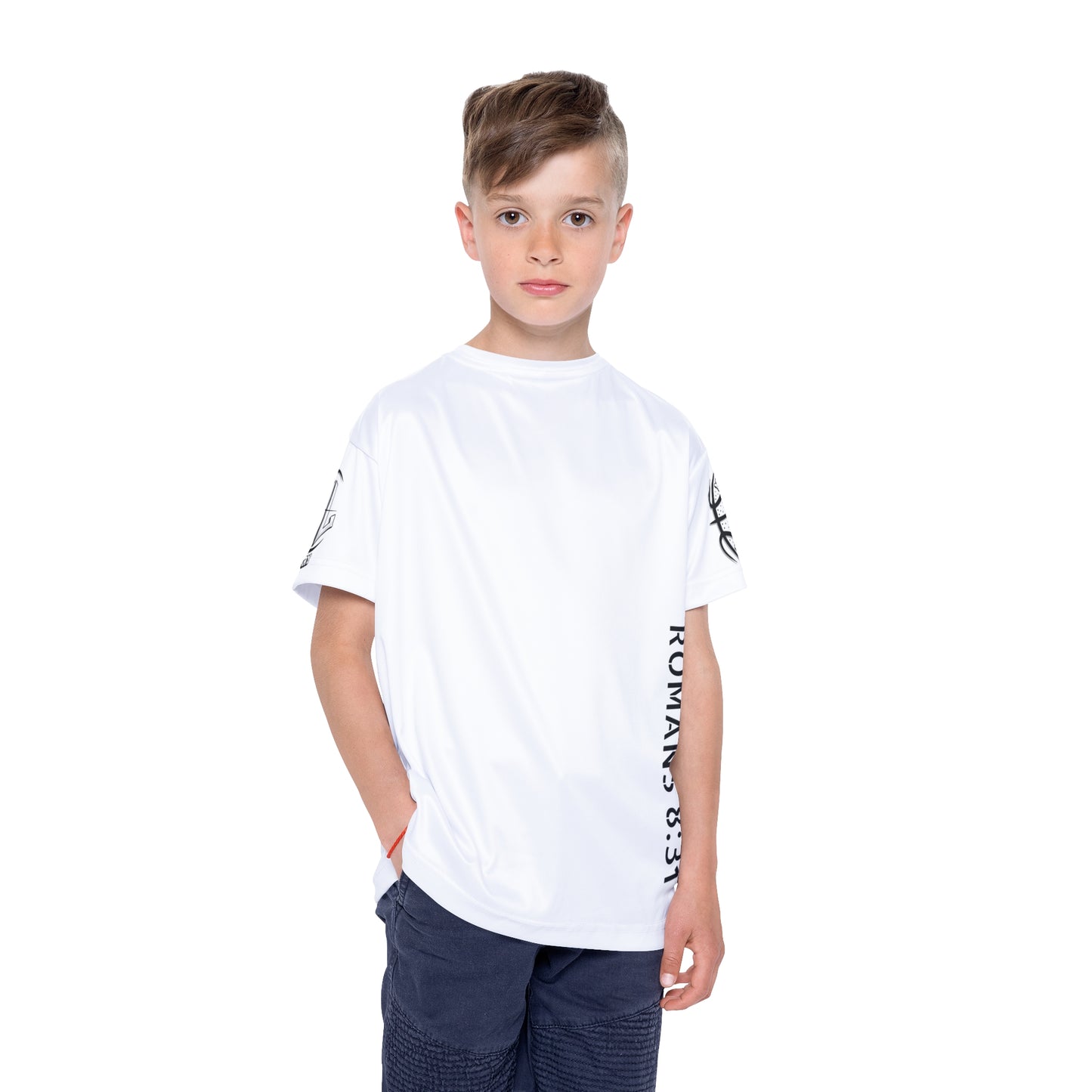 Legendary Kids Sports Jersey with Romans 8:31 - White